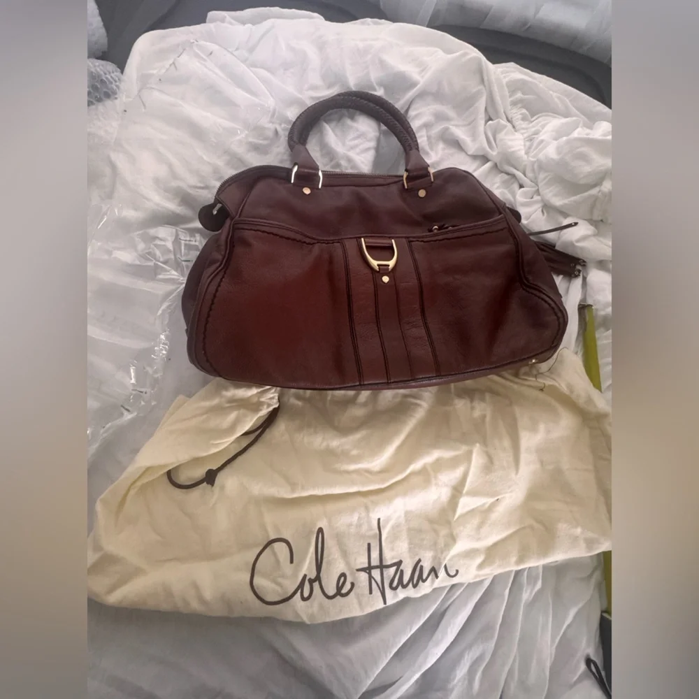 Cole Haan Brown Leather Satchel Braided Handle Top Zip Bag